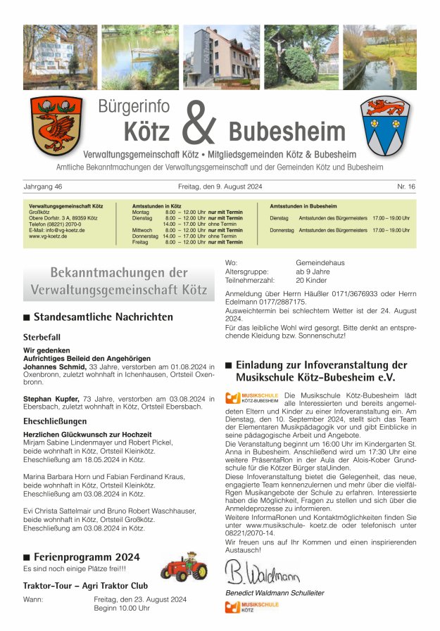 Amtsblatt der VG Kötz und der Mitgliedsgemeinden Titelblatt 16/2024