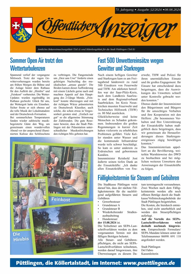 Öffentlicher Anzeiger - Stadt Püttlingen Titelblatt 32/2024