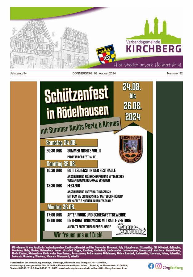 Mitteilungen der Verbandsgemeinde Kirchberg Hunsrück Titelblatt 32/2024