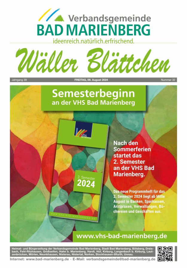 Wäller Blättchen - Verbandsgemeinde Bad Marienberg Titelblatt 32/2024