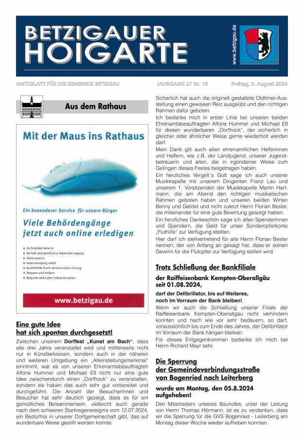 Betzigauer Hoigarte Amtsblatt der Gemeinde Betzigau Titelblatt 16/2024
