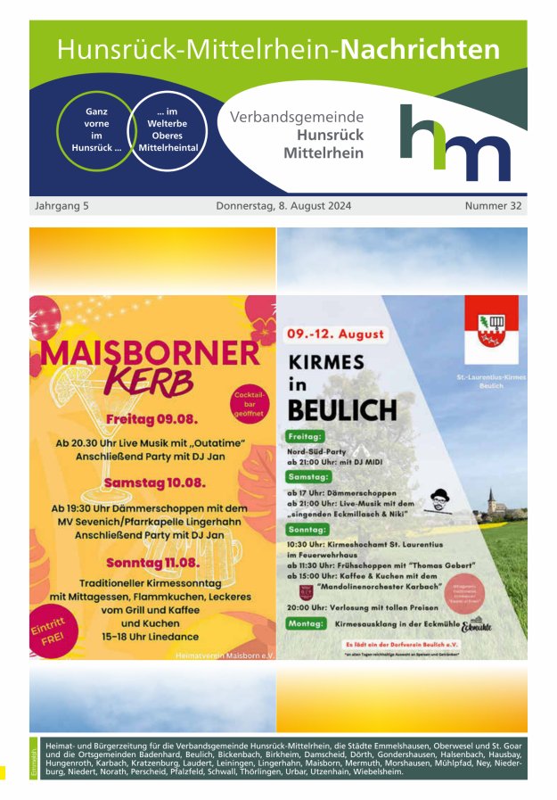Hunsrück-Mittelrhein Nachrichten Ausgabe Emmelshausen Titelblatt 32/2024