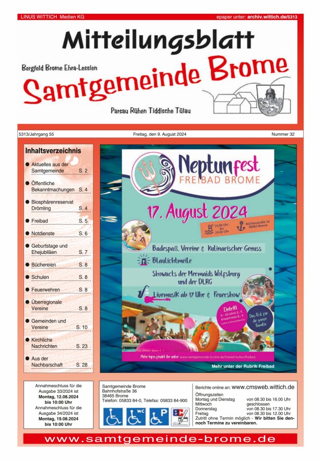 Mitteilungsblatt der Samtgemeinde Brome Titelblatt 32/2024