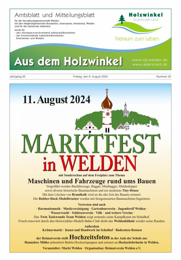 Aus dem Holzwinkel Amtsblatt u Mitteilungsblatt f VG Welden u GemAdelsried Titelblatt 32/2024