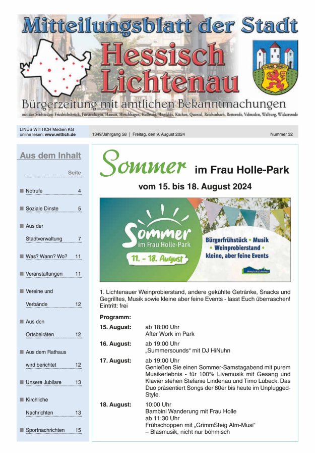 Mitteilungsblatt der Stadt Hess Lichtenau Titelblatt 32/2024