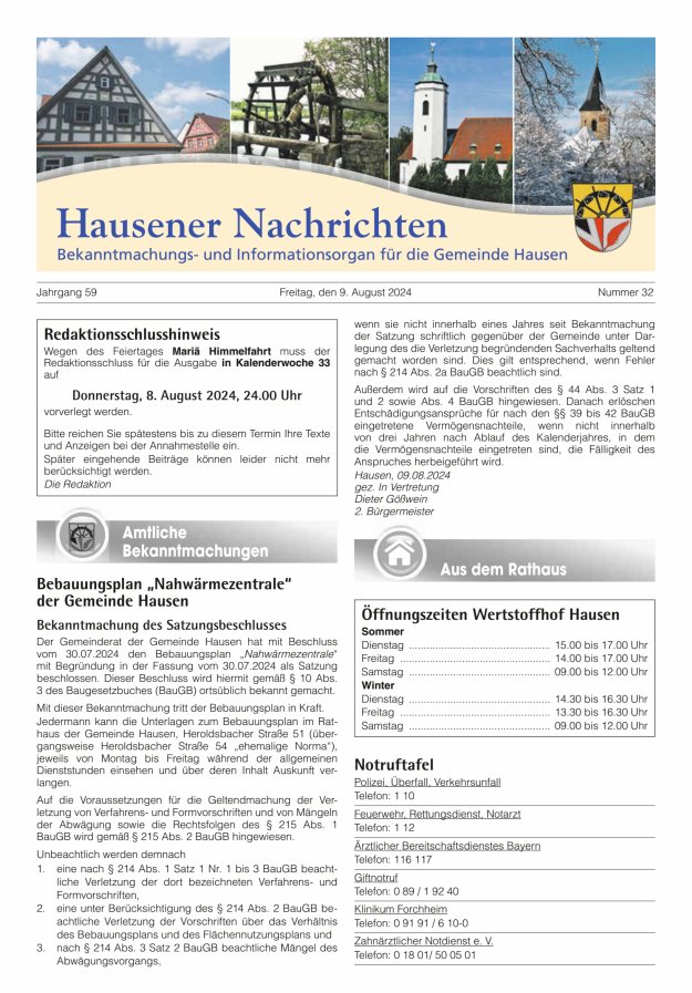 Hausener Nachrichten Titelblatt 32/2024