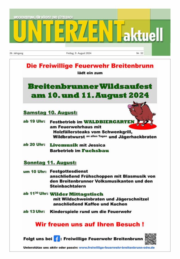 Unterzent aktuell Wochenzeitung für Höchst und Lützelbach Titelblatt 32/2024