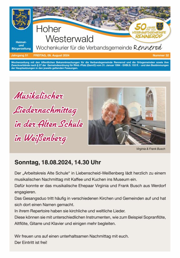 Hoher Westerwald - Wochenkurier für die Verbandsgemeinde Rennerod Titelblatt 32/2024