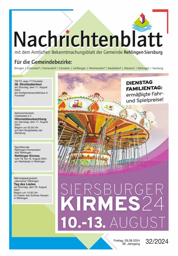 Nachrichtenblatt Rehlingen-Siersburg Titelblatt 32/2024
