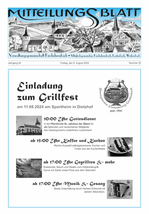 Mitteilungsblatt Verwaltungsgemeinschaft Kirchehrenbach Titelblatt 32/2024