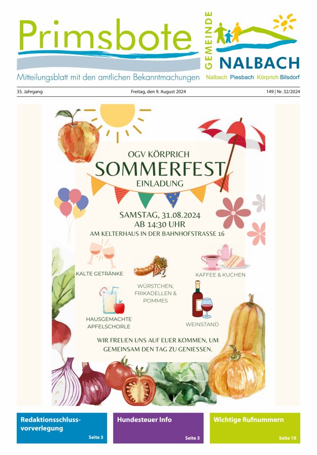Primsbote Gemeinde Nalbach Titelblatt 32/2024
