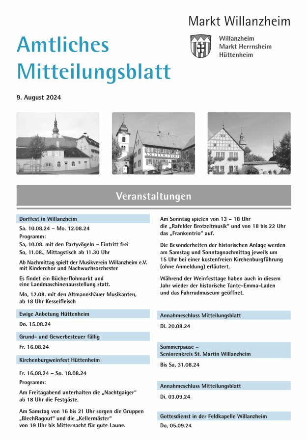 Amtliches Mitteilungsblatt des Marktes Willanzheim Titelblatt 16/2024