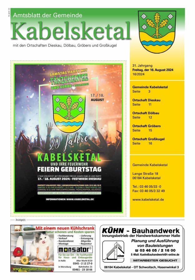 Amtsblatt der Gemeinde Kabelsketal mit den Ortsteilen Titelblatt 16/2024