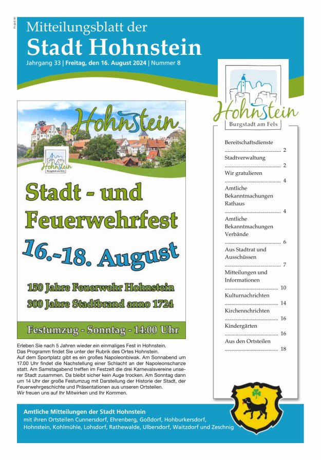 Mitteilungsblatt der Stadt Hohnstein Titelblatt 08/2024