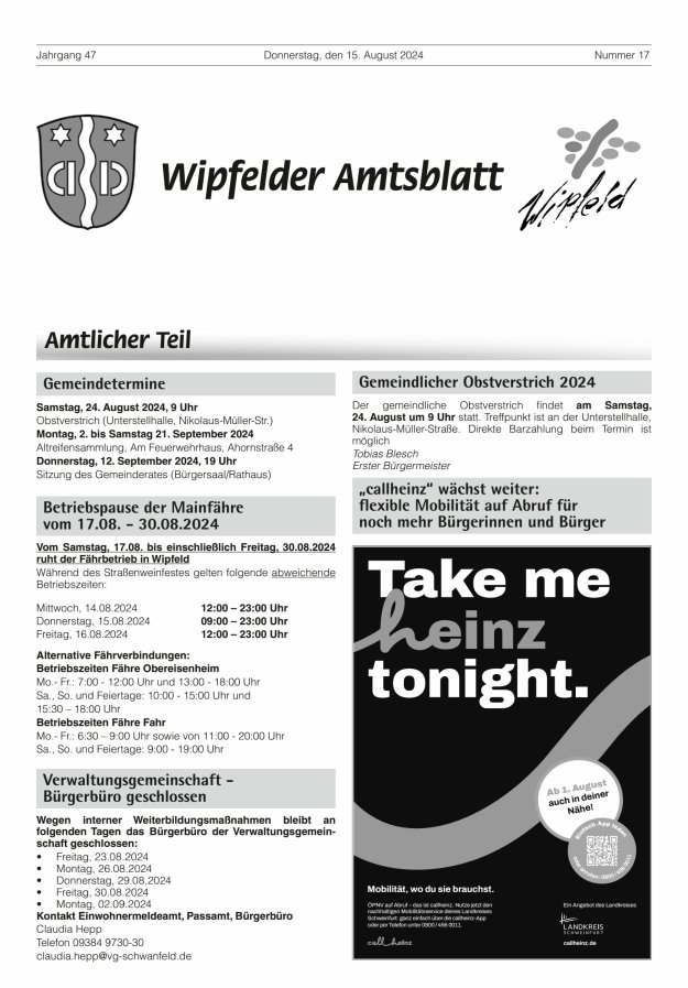 Wipfelder Amtsblatt Titelblatt 17/2024