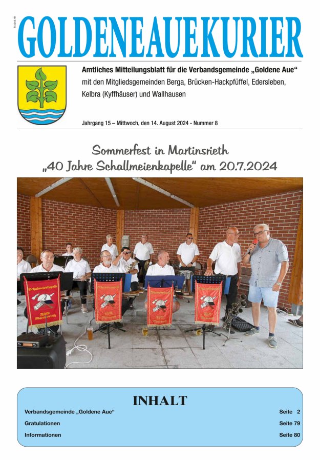 Goldene Aue Kurier – Amtliches Mitteilungsblatt für die Verbandsgemeinde "Goldene Aue" Titelblatt 08/2024