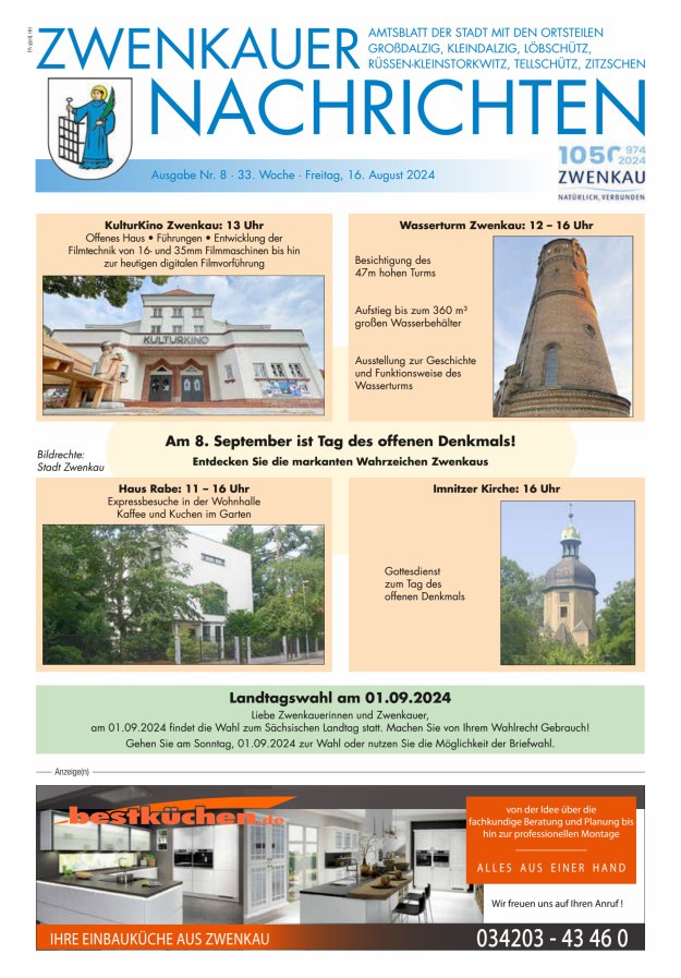 Zwenkauer Nachrichten - Amtsblatt der Stadt mit ihren Ortsteilen Titelblatt 08/2024