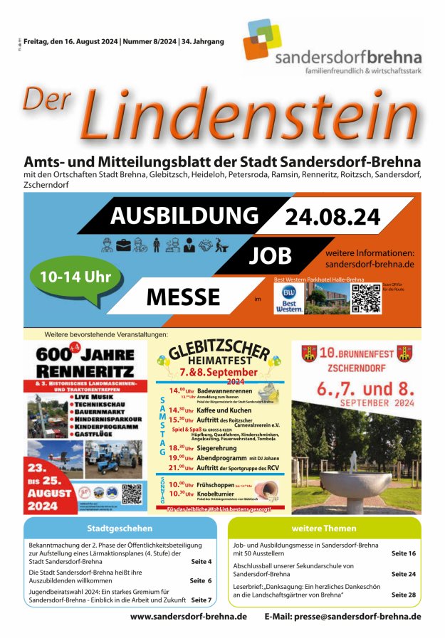 Der Lindenstein Amts- und Mitteilungsblatt der Stadt Sandersdorf-Brehna Titelblatt 08/2024
