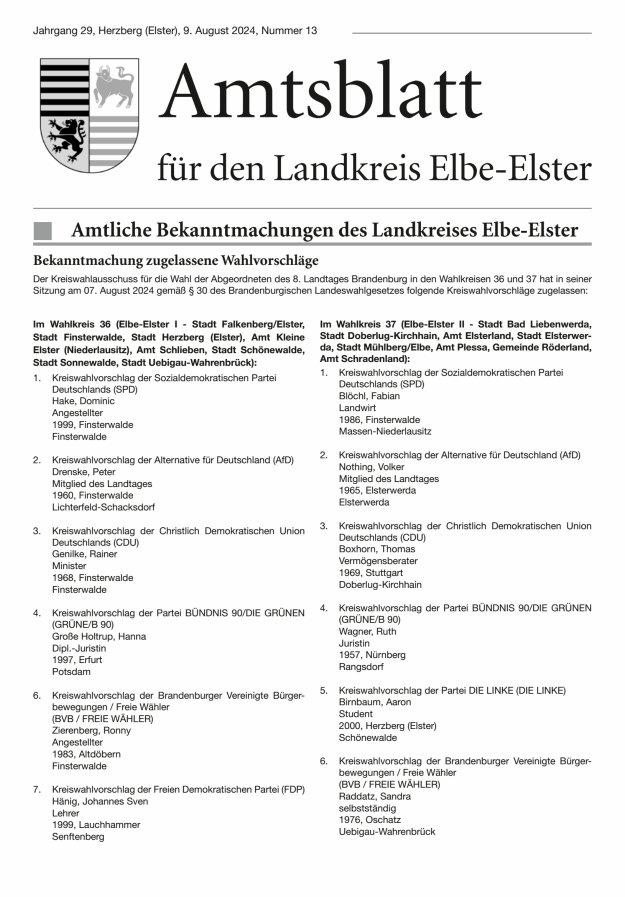 Amtsblatt für den Landkreis Elbe-Elster Titelblatt 13/2024