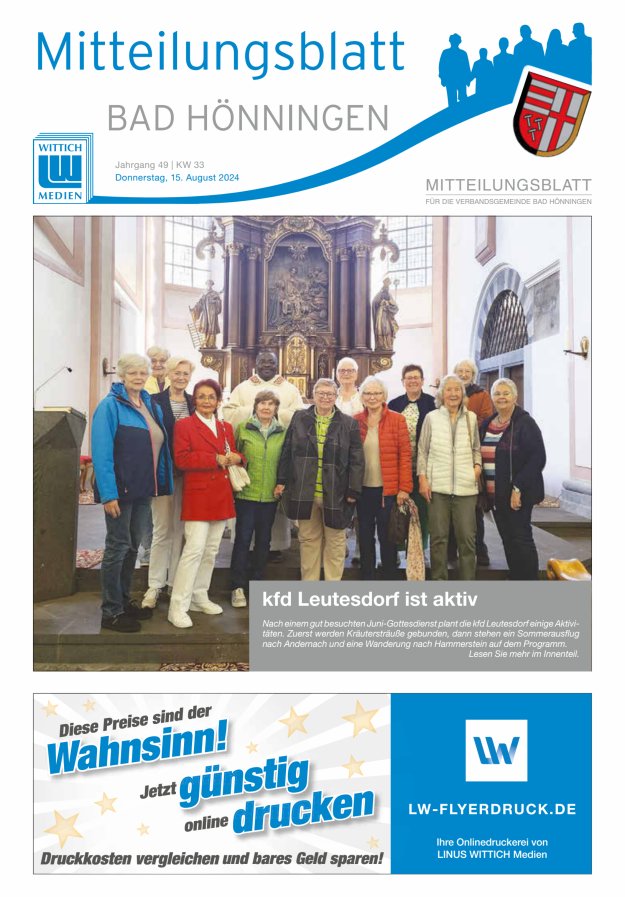 Mitteilungsblatt für den Bereich der Verbandsgemeinde Bad Hönningen Titelblatt 33/2024
