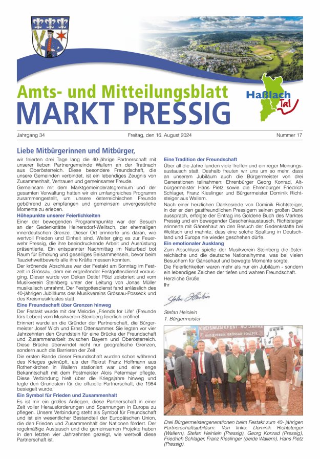 Amtsblatt für den Markt Pressig mit den Gemeindeteilen Titelblatt 17/2024