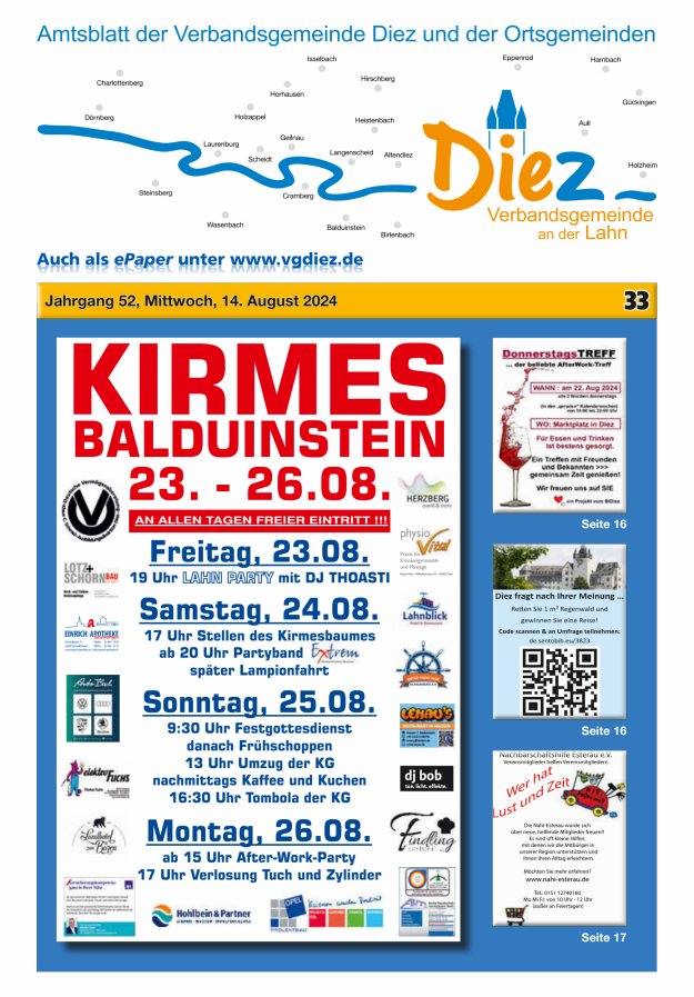 Mitteilungsblatt der Verbandsgemeinde Diez und der Ortsgemeinden Titelblatt 33/2024