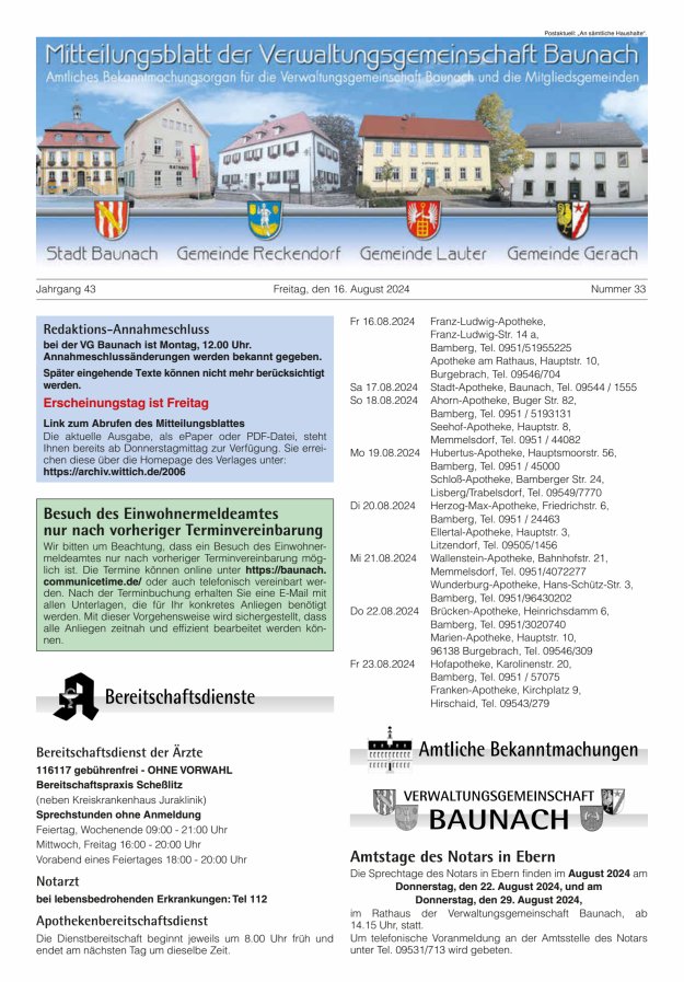 Mitteilungsblatt Verwaltungsgemeinschaft Baunach Titelblatt 33/2024