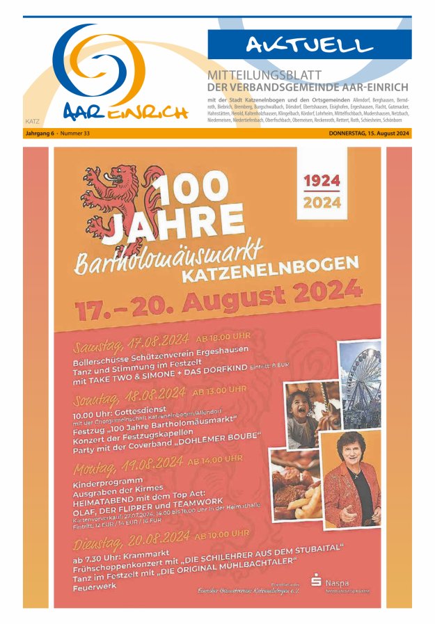 Mitteilungsblatt der Verbandsgemeinde Aar-Einrich Ausgabe Katzenelnbogen Titelblatt 33/2024