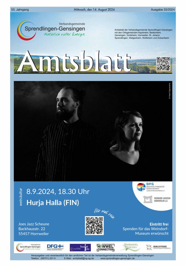 Amtsblatt VG Sprendlingen-Gensingen Titelblatt 33/2024