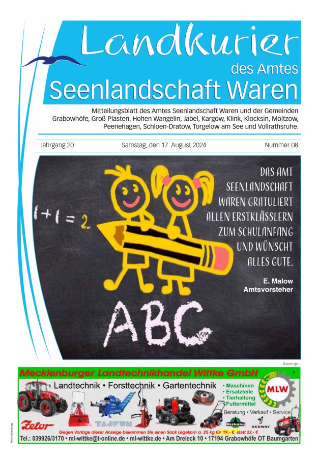 Landkurier des Amtes Seenlandschaft Waren Titelblatt 08/2024