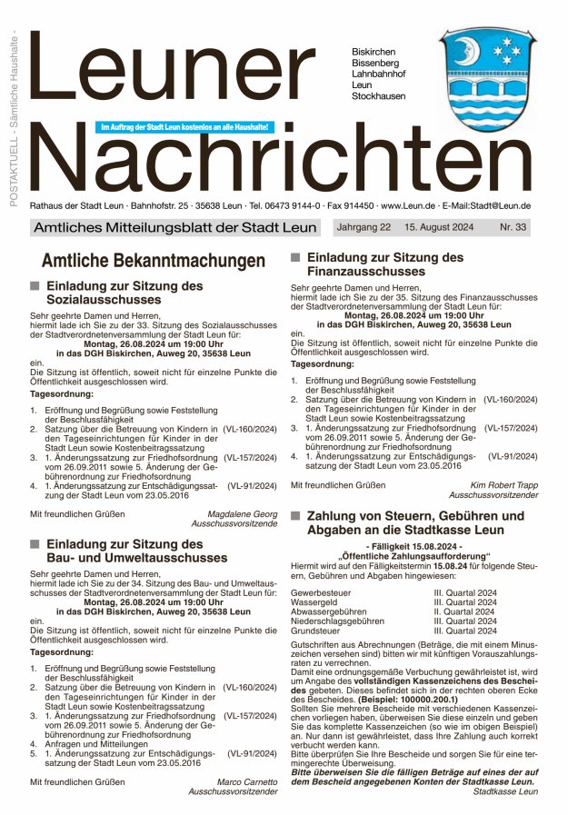 Leuner Nachrichten Titelblatt 33/2024