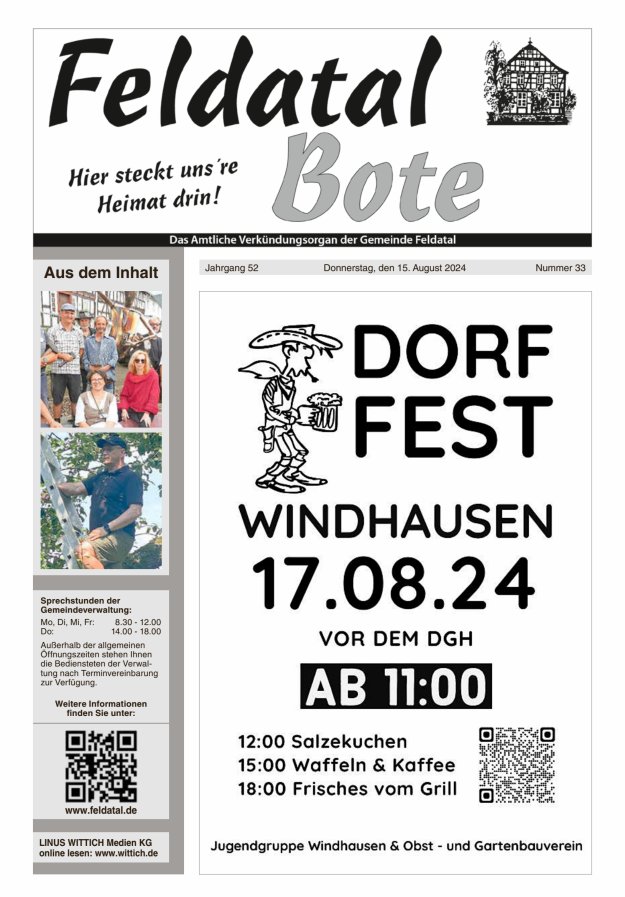 Das Amtliche Verkündungsorgan der Gemeinde Feldatal Titelblatt 33/2024