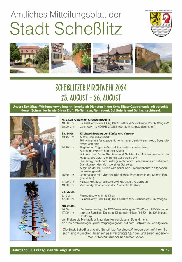 Scheßlitzer Anzeiger - Amtliches Mitteilungsblatt der Stadt Scheßlitz Titelblatt 17/2024