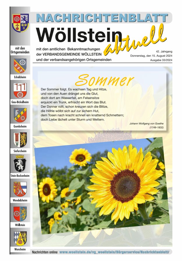 Nachrichtenblatt Wöllstein aktuell Titelblatt 33/2024