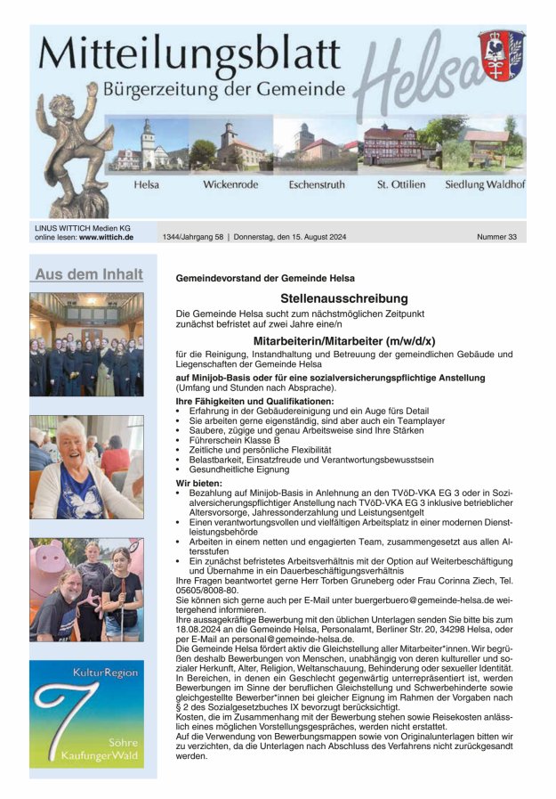 Mitteilungsblatt Helsa Titelblatt 33/2024