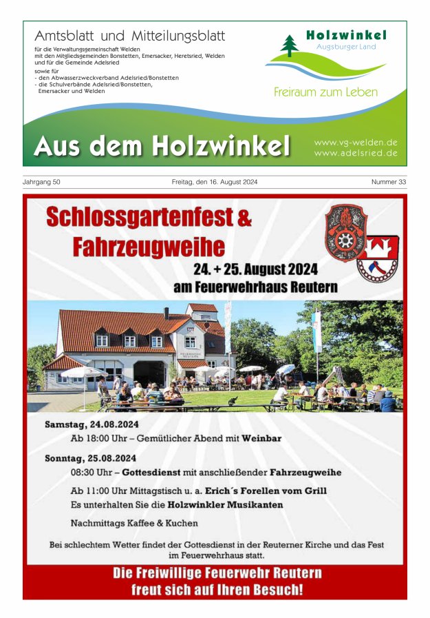 Aus dem Holzwinkel Amtsblatt u Mitteilungsblatt f VG Welden u GemAdelsried Titelblatt 33/2024