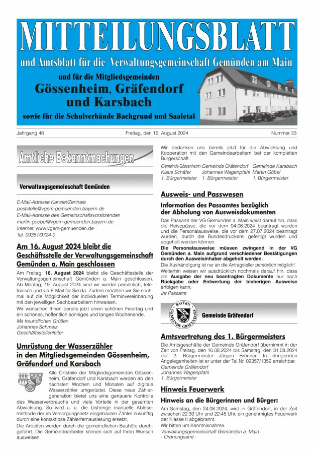 Mitteilungsblatt der VG Gemünden a Main Titelblatt 33/2024