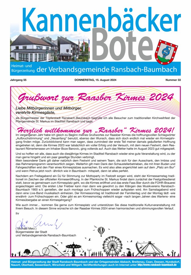Kannenbäcker-Bote der Verbandsgemeinde Ransbach-Baumbach Titelblatt 33/2024
