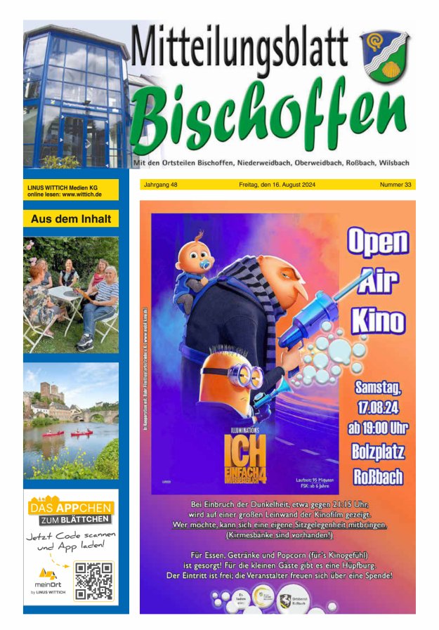 Mitteilungsblatt für die Gemeinde Bischoffen Titelblatt 33/2024