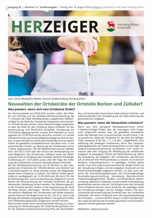 Amtsblatt für die Stadt Herzberg (Elster) mit Bekanntmachungen der Stadt  Titelblatt 12/2024