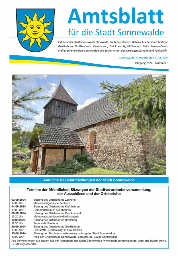 Amtsblatt für die Stadt Sonnewalde Titelblatt 09/2024