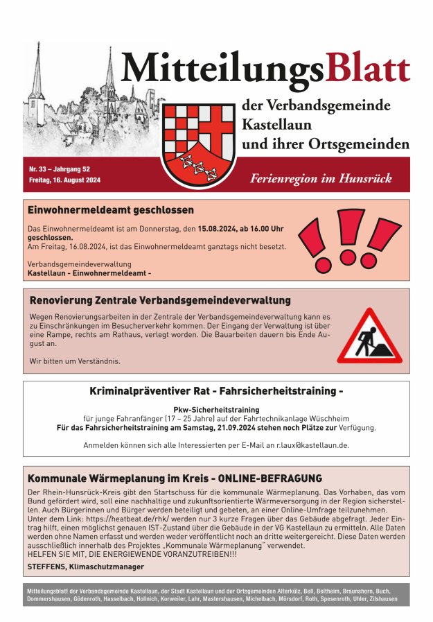 Mitteilungsblatt Kastellaun Titelblatt 33/2024