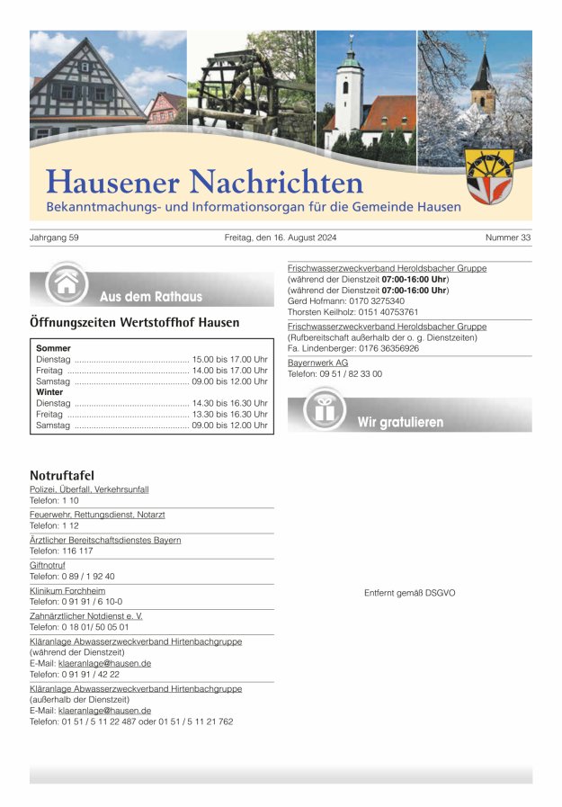 Hausener Nachrichten Titelblatt 33/2024