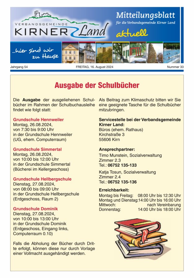 Mitteilungsblatt für den Bereich der Verbandsgemeinde Kirner Land Titelblatt 33/2024