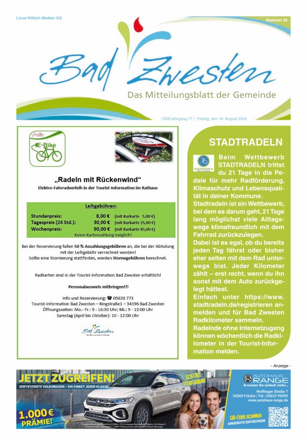 Heimatzeitung Bad Zwesten Titelblatt 33/2024