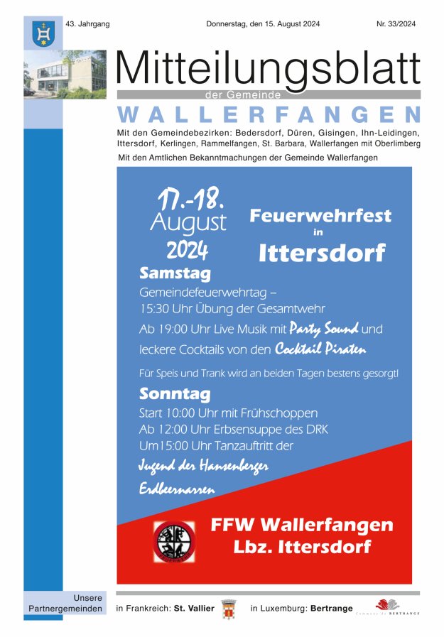 Mitteilungsblatt Gemeinde Wallerfangen Titelblatt 33/2024
