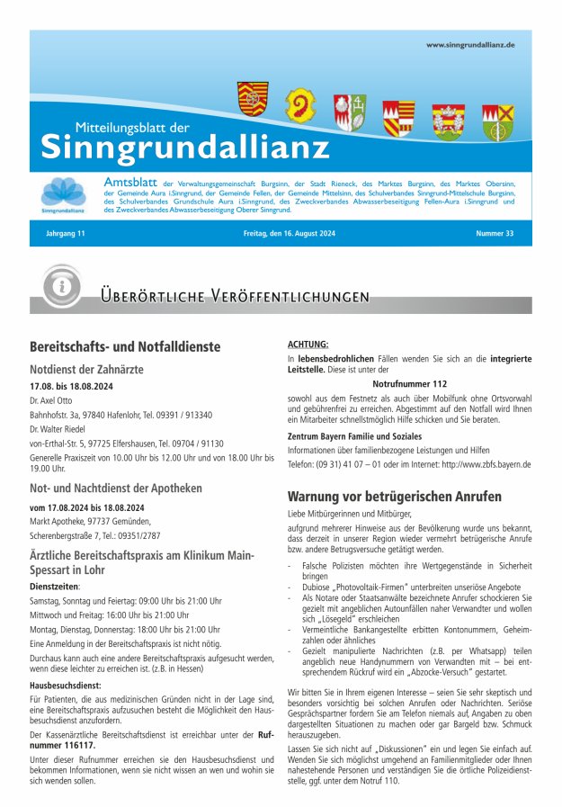 Mitteilungsblatt der Sinngrundallianz Titelblatt 33/2024