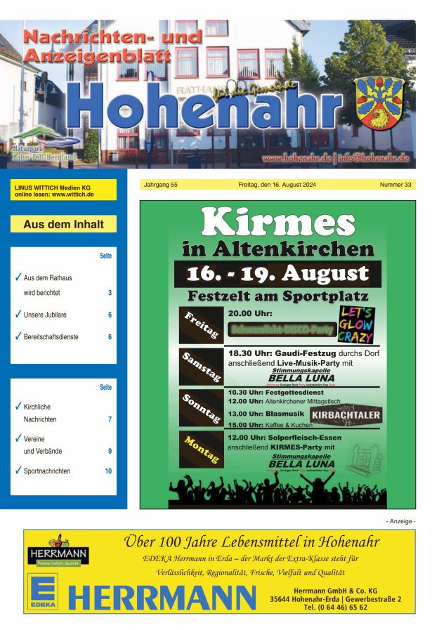 Nachrichten- und Anzeigenblatt für die Gemeinde Hohenahr Titelblatt 33/2024