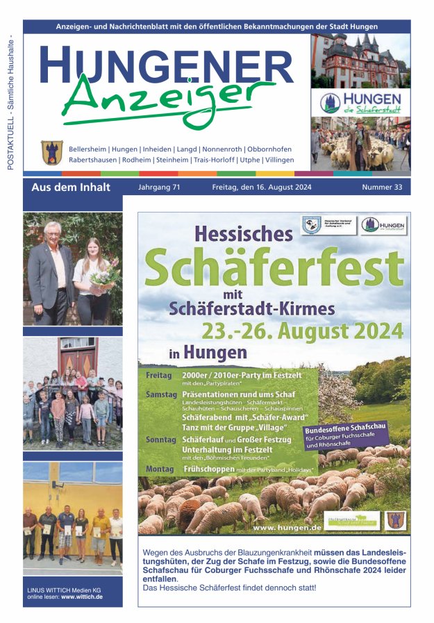 Anzeigen- und Nachrichtenblatt mit den öff  Bekanntmachungen der Stadt Hungen Titelblatt 33/2024