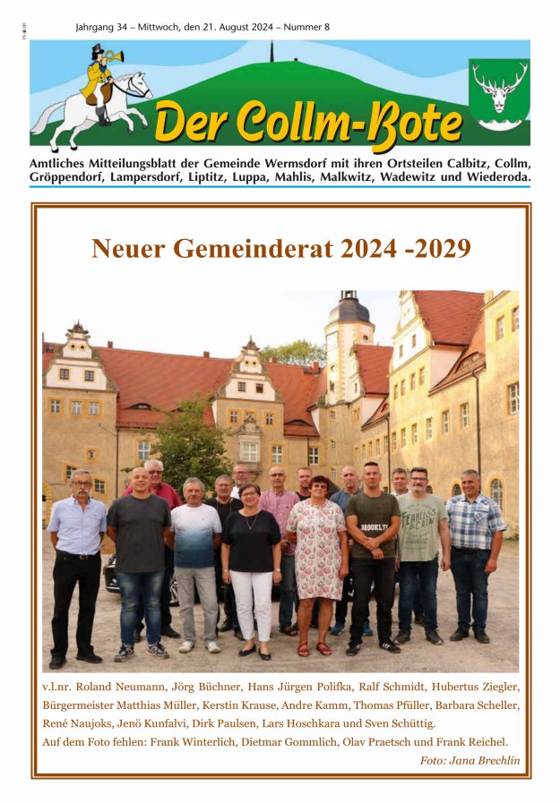 Collm-Bote – Amtliches Mitteilungsblatt der Gemeinde Wermsdorf mit ihren Ortsteilen Titelblatt 08/2024